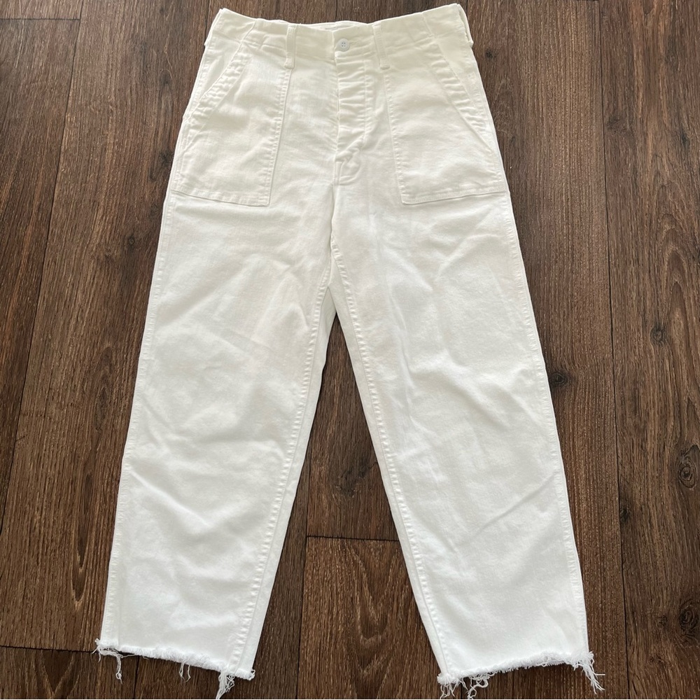 Mother denim patch pocket private ankle fray cutoff raw hem white wide jeans 26